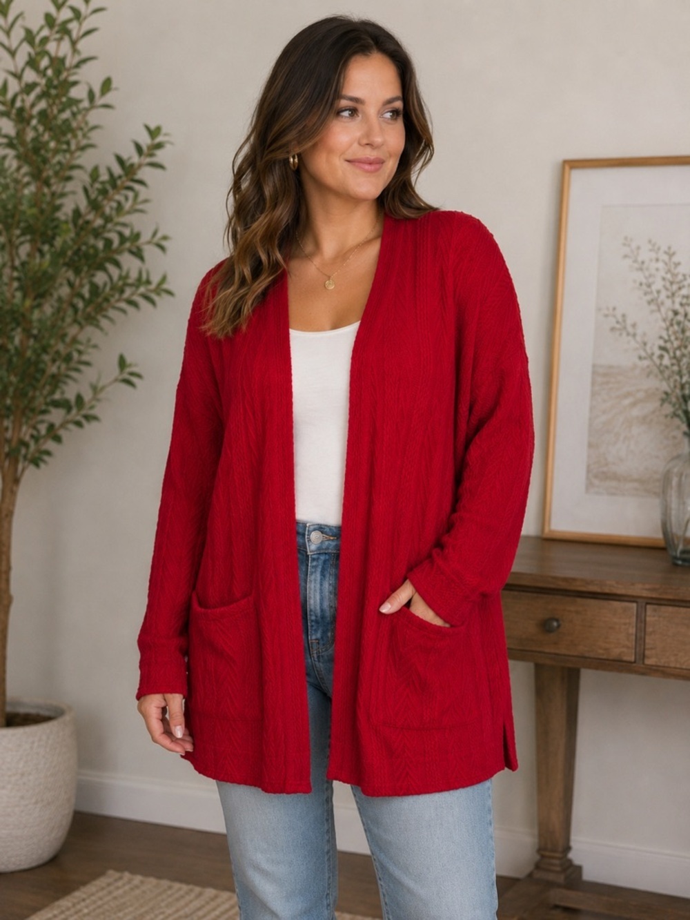 Pantalon Red Textured Open Front Cardigan Sweater Large Oversized Pockets NWT
